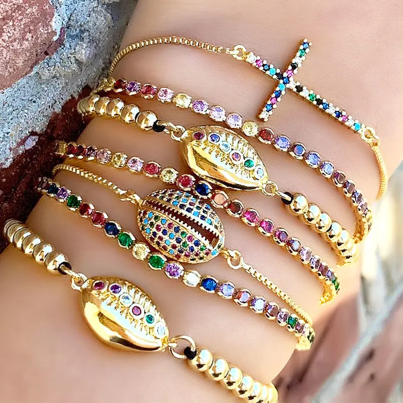 

Stock ! Mexico style wholesale rainbow colorful shine cross shell cz bracelets brass bangle jewelry for party, Multi