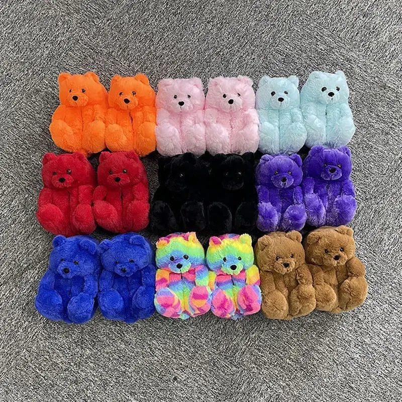 

Home Cute Fluffy Fur Baby Kids Toddler Plush Soft Kids Bear Slippers Furry Slides For Women Kids Teddy Bear Slippers
