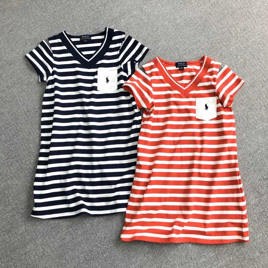 

Summer new girl's V-neck embroidered A-line striped dress, Red,nvay