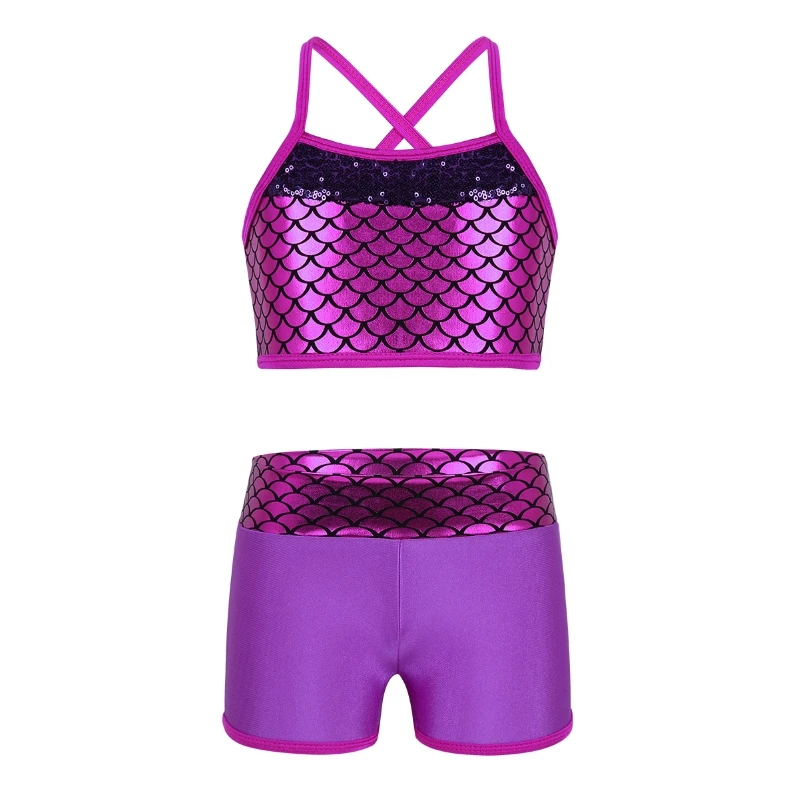 

Kids Girls Two Pieces Mermaid Sports Dance Outfit Crop Tops Bra with Shorts Set Gymnastics Athletic Leotard Swimwear