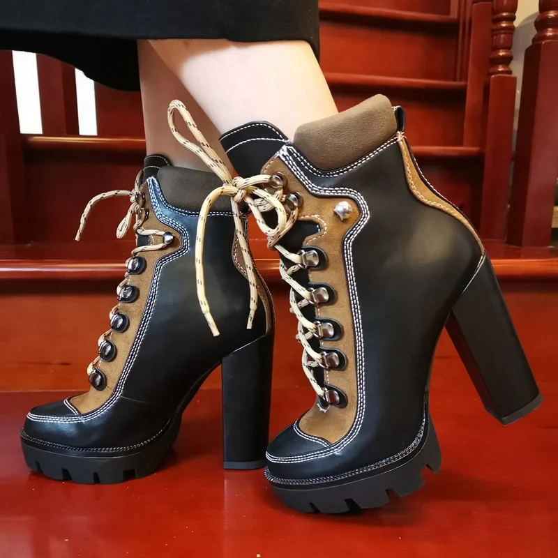 

High Top Color Block PU Upper Platform Round Toe Women Ankle Boots Fashion Lace Up Chunky High Heel Short Booties For Ladies, Black,brown
