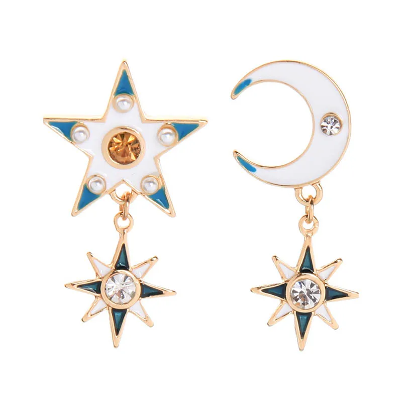 

c45 2020 Amazon Hot Young Girl Enamel White Enamel Earring Star And Moon Pendant Small Hoop Earrings, Gold
