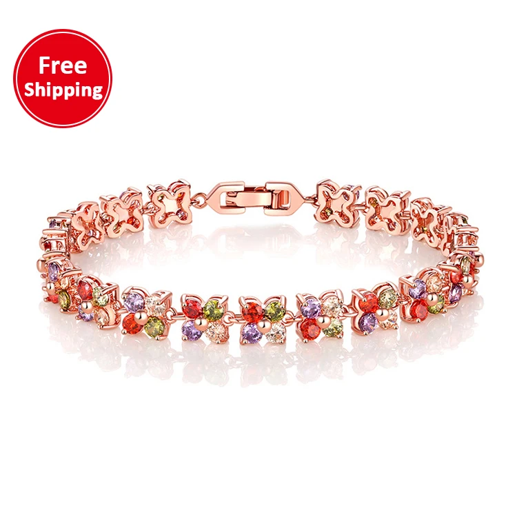 

New Gold Jewelry Set 22k Rose Gold Ladies Colorful Zircon Charm Tennis Bracelet, Optional