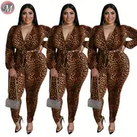 

D910015 leopard long length belt bodycon high fashion womens clothing Jumpsuit Plus Size For Fat Women