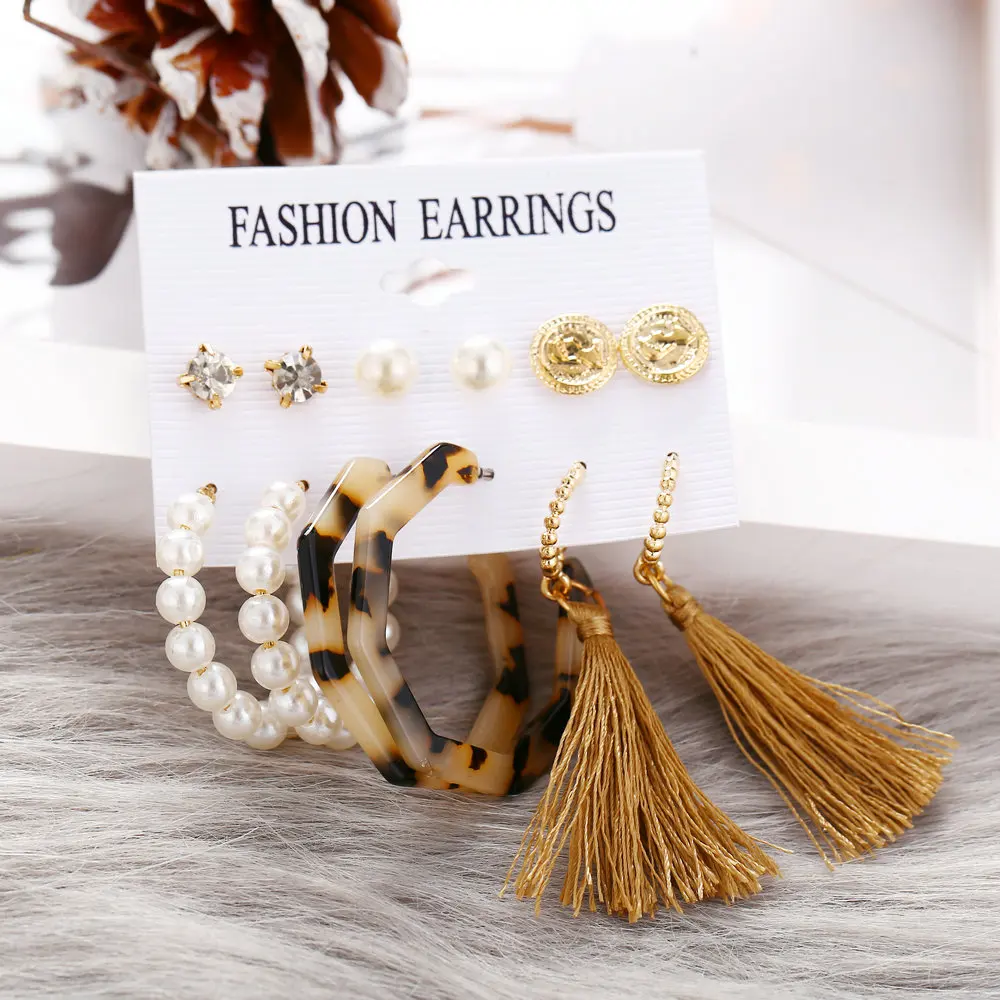 

5174 Designer fashion earings acrylic faux pearl circle tassel earring set 6 piece set cross border hot selling earrings