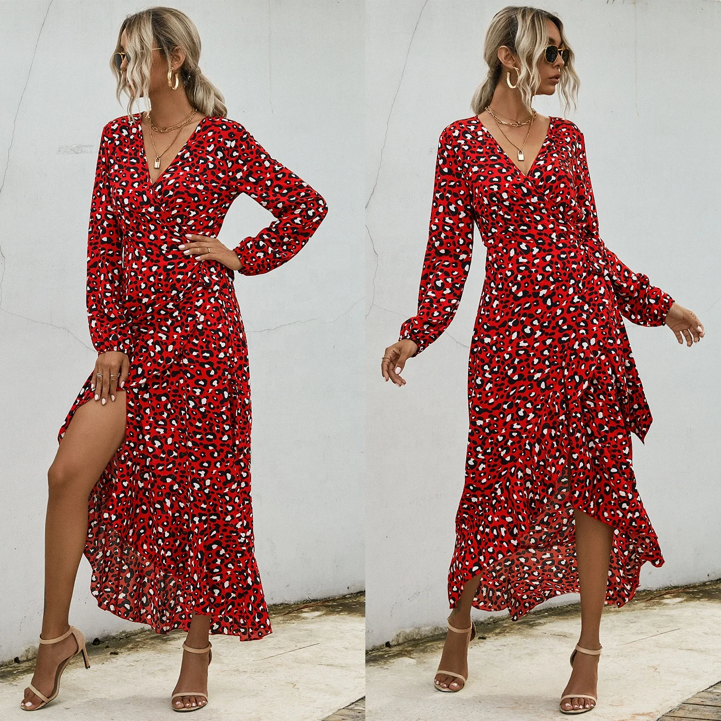 

Summer Trendy INS Korean Style Red Asymmetrical V-Neck High Split Long-sleeved Boho Dress Leopard Printed Tie Up Wrap Dress