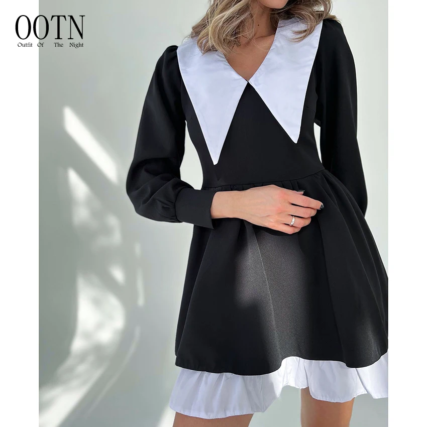 

OOTN High Street 2022 Splicing Frill Dress Lady Fashion Patchwork Women Ruffle Dress Puff Sleeve Party Chic Black Dress