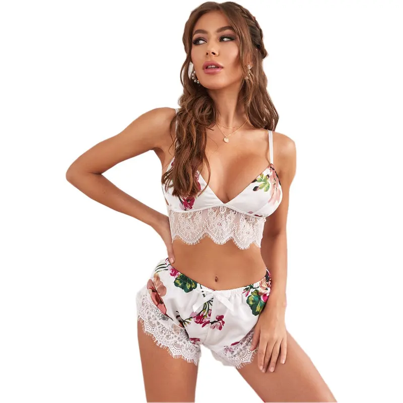 

Sweet style womens sexy underwear panties flannelette splicing tassel flower pattern bow knot sexy allure woman lingerie set, White