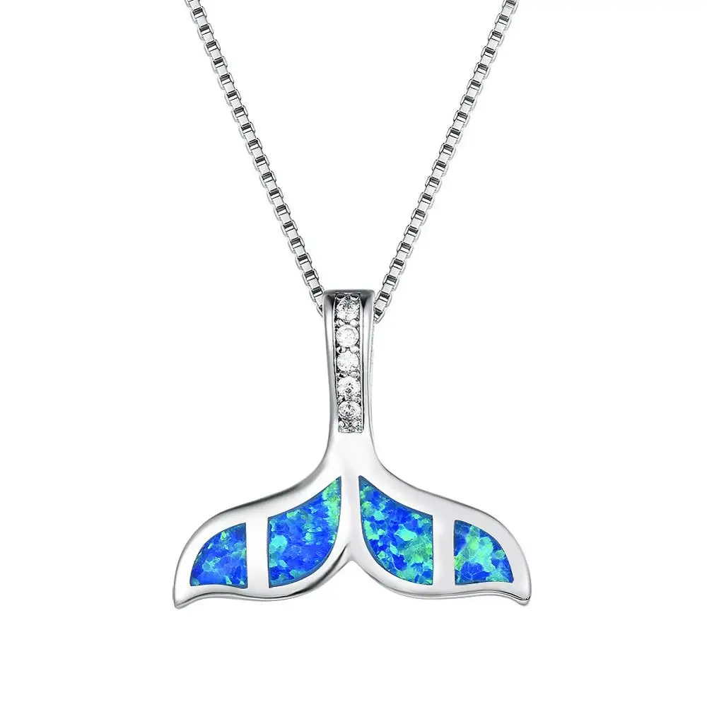 

2020 High Quality Copper Crystal Blue Opal Ocean Sea Mermaid Whale Tail Pendant Necklace For Women Beach Holiday, Picture