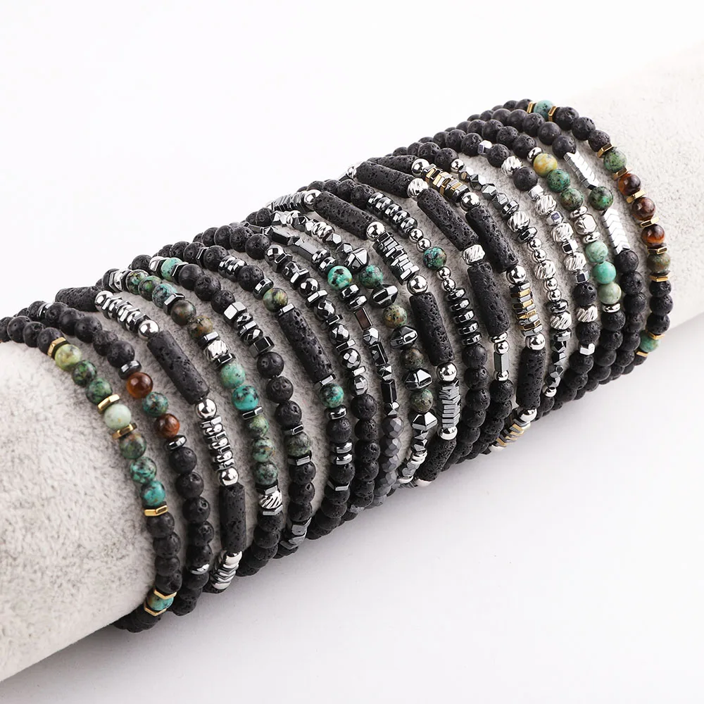 

New Cute Design 4mm Lava Stone Hematite Stainless Steel Beads Elastic Bracelet JBS12399