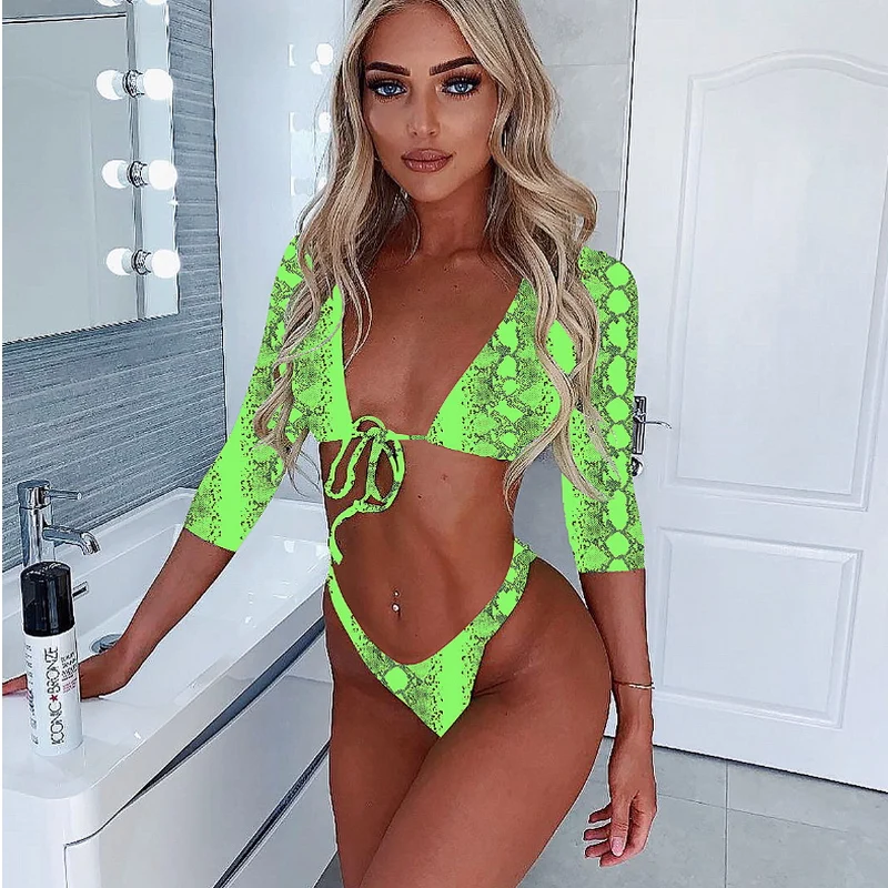 

New Fashion Long Sleeve Women Sexy Bikini Neon Green Snake Printed Swimsuit Two Piece Swimwear