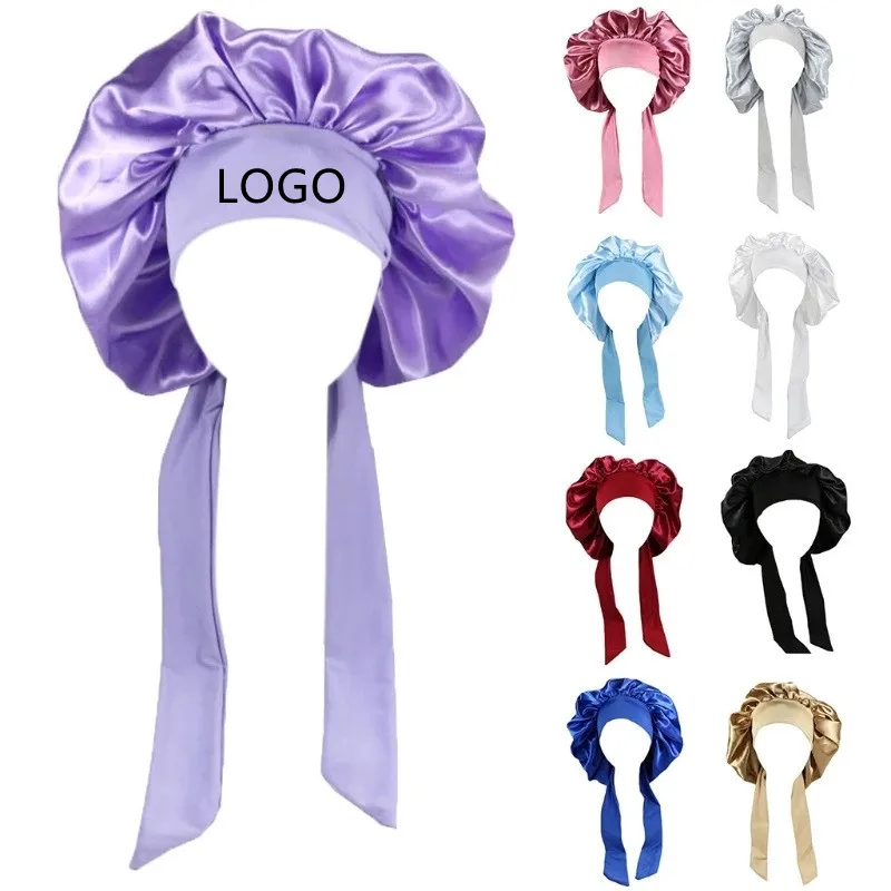 Extra Long Hair Bonnet With Button Snap Rts Vendor Braids Bonnets Customized Satin Bonnets With Logo