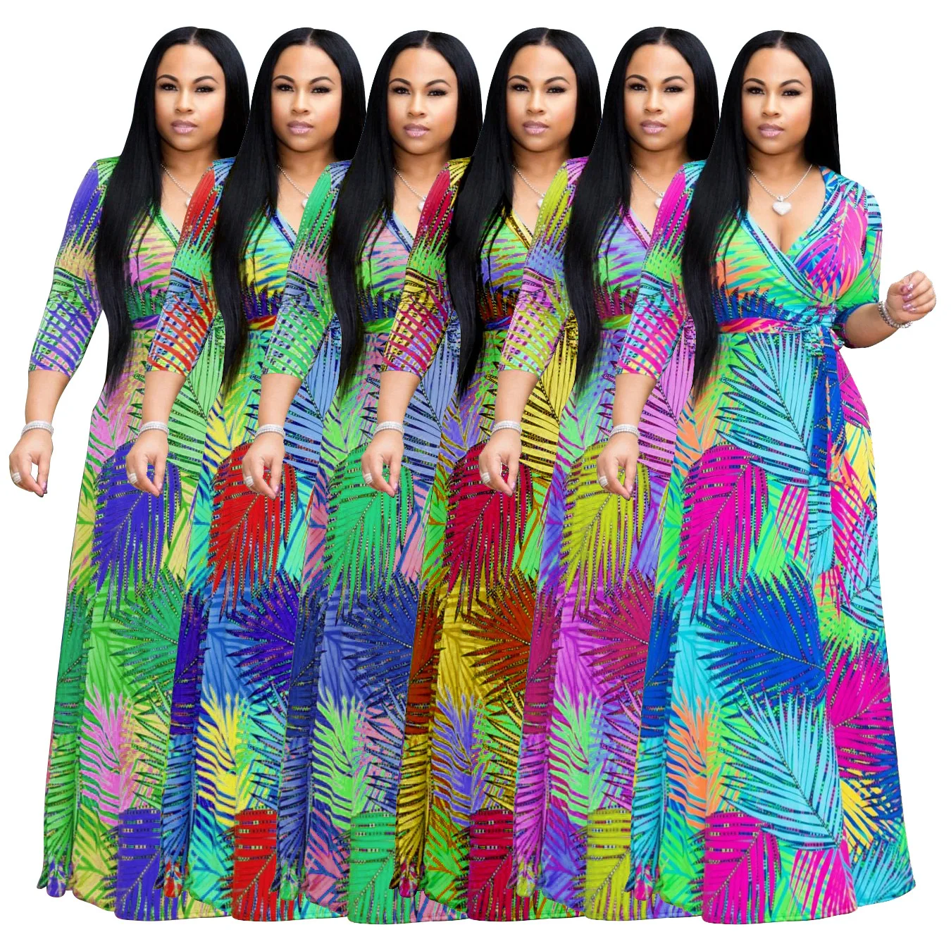 

Discount Long Sleeves Pleated V-Neck Fashion Long Sleeve Printing Ladies Fashion Dress, Colourful