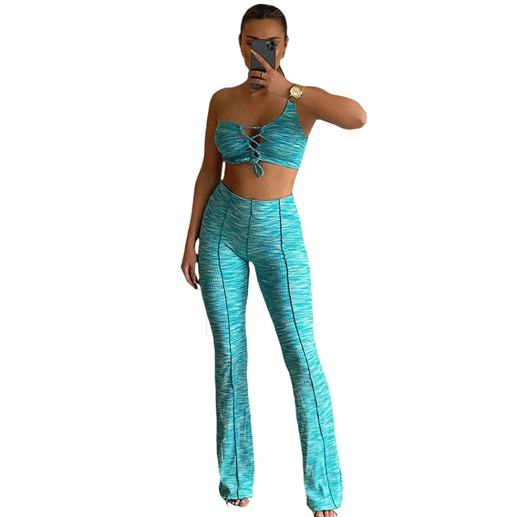

Print One Arm Asymmetric Hollow Out Drawstring Crop Tops Tow Pieces Flared Pants Sets 2 Piece Set Women