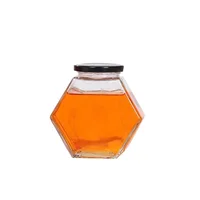 

Cheap food storage glass bottle hexagonal glass honey jar colored lid