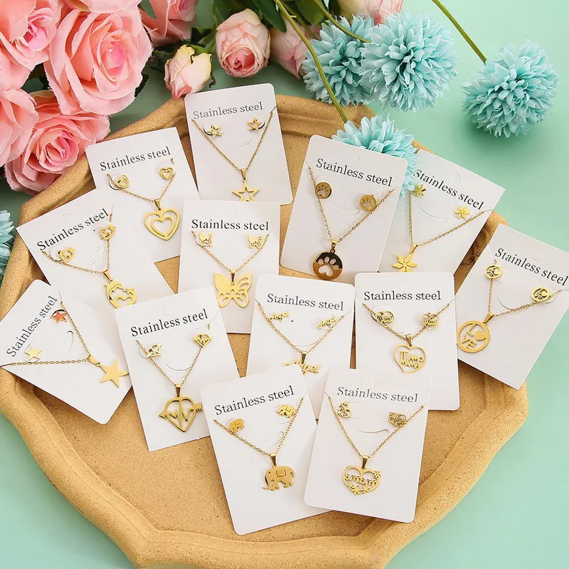 

Manufacturer wholesale hot selling stainless steel gold earrings necklace set five pointed star ECG pendant clavicle chain