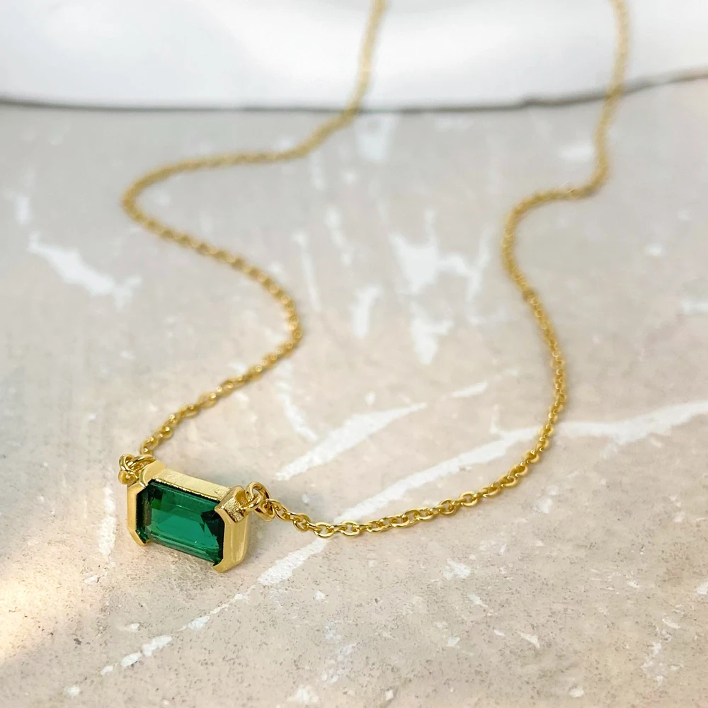 

18k Gold Plated Stainless Steel Cable Chain Jewelry Green Cubic Zirconia Rectangle Pendant Necklace