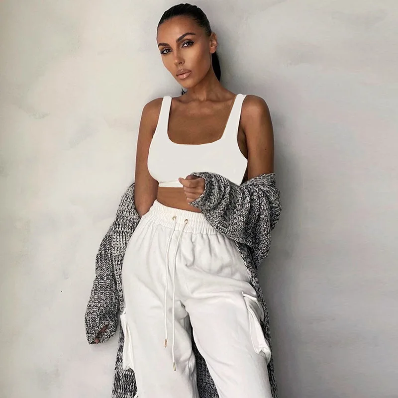 

KQ-322 Casual sportswear women sleeveless tank top two piece set solid color tie-up trousers two piece sweatsuit, As picture