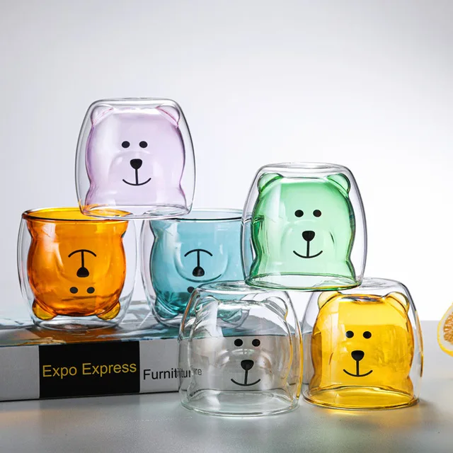 

P1229 Home Juice High Borosilicate Pet Mug Water Coffee Milk Tea Glass Cup Cartoon Double Layer Bear Glass Mug, Colors