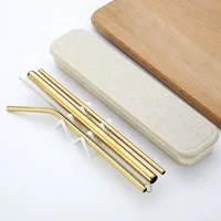 

Reusable Custom logo boba tea gold metal straw set with wheat straw case