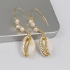 LS-D1195 Natural Sea Shell With Hole Big ring For Women Shell Earring Gold plated wire wrapeed pearl cowrie Shell Earring