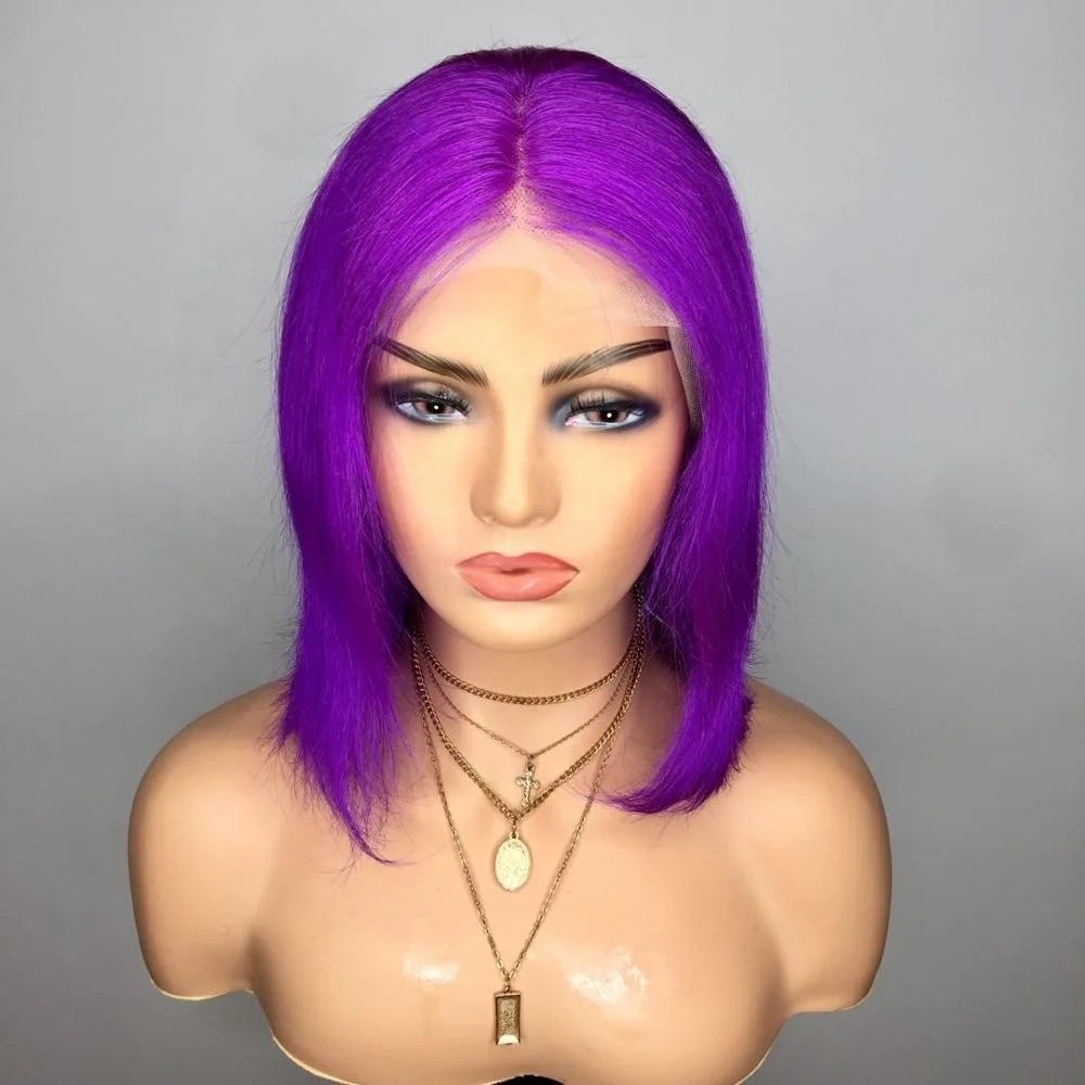 

Purple Color Lace Front Wig Straight Bob Wigs Pre Plucked 100% Human Hair With Natural Hairline Short Cut Blunt Wigs