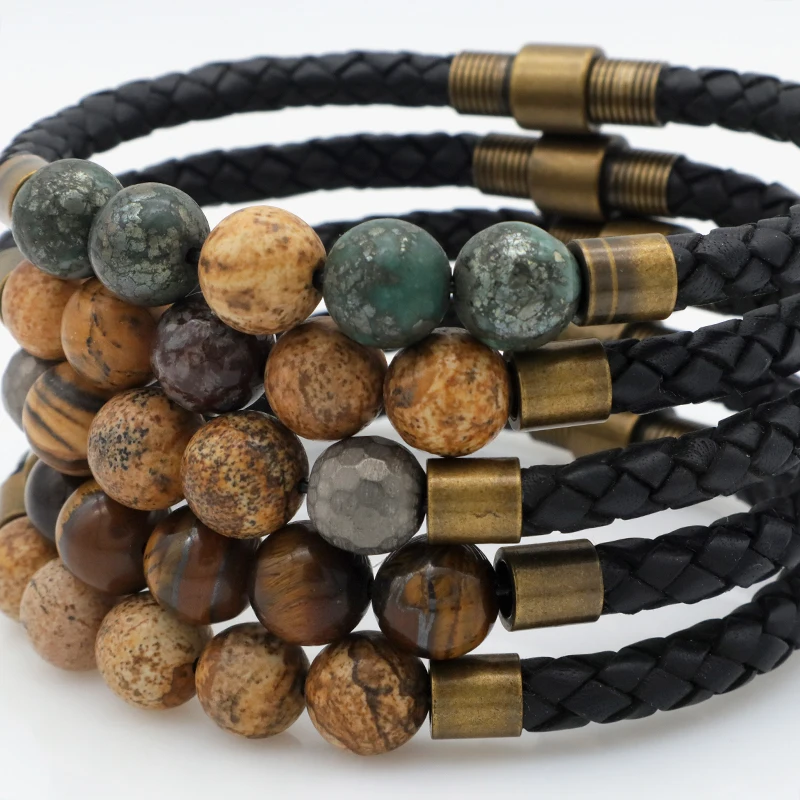 

Wholesale high quality fashion man jewelry handmade custom natural stone beaded real leather bracelets bangle, Steel