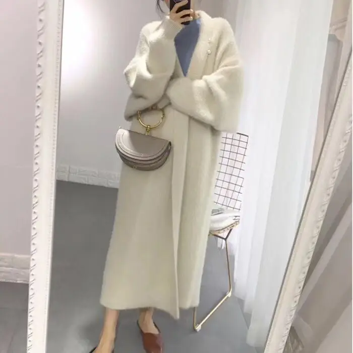 

Women Autum Winter Luxury Faux Mink Fur Cardigan Windbreaker Female Fashion Long Knitted Loose Coats add pocket $27