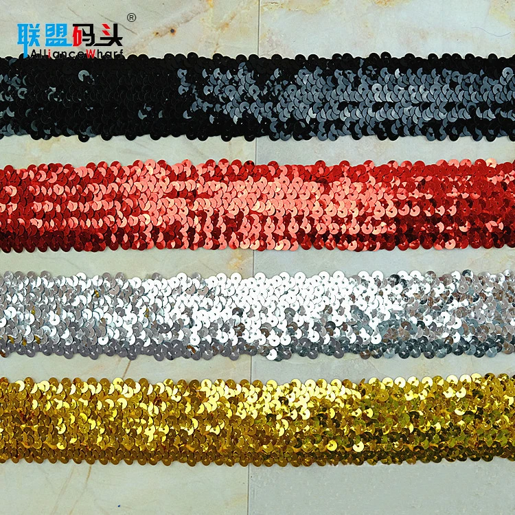 

High Quality 5CM Black Stretch Trimming Stage Show Clothing Accessories Ribbon Dress Sequins Elastic Trim Lace, Red,green,golden,silvery,blue,etc or customize