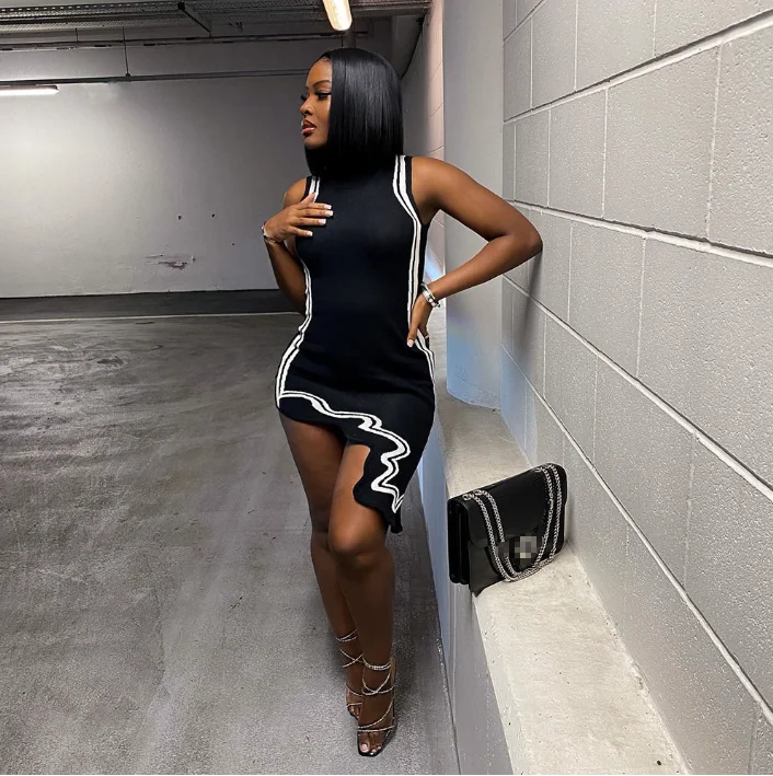 

Fashion casual Sleeveless Bodycon Dress for Women 2022 Summer Striped printing Party Club Wear Sexy Irregular Sweater Dresses