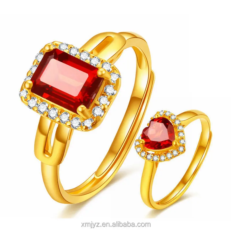 

European And American Fashion Garnet Inlaid Zircon Heart-Shaped Ring Plated 18K Yellow Gold Open Red Square Gem Ring