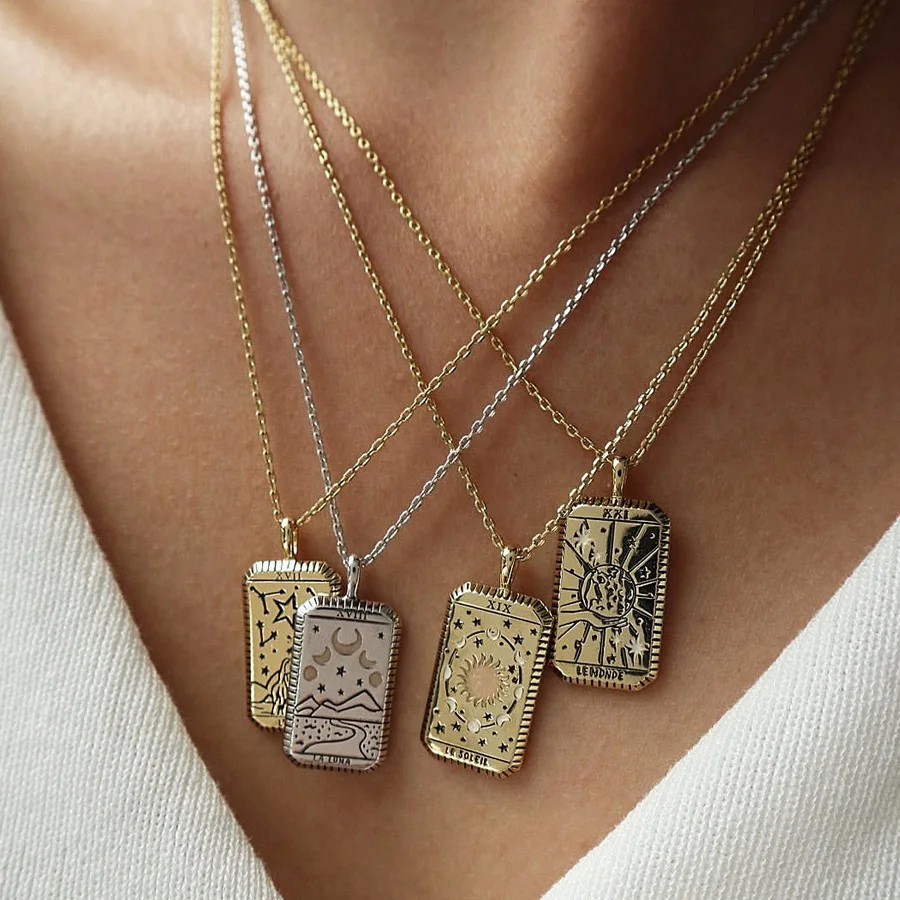 

New link chain Tarot card Necklace Engraved women gold filled fashion necklaces