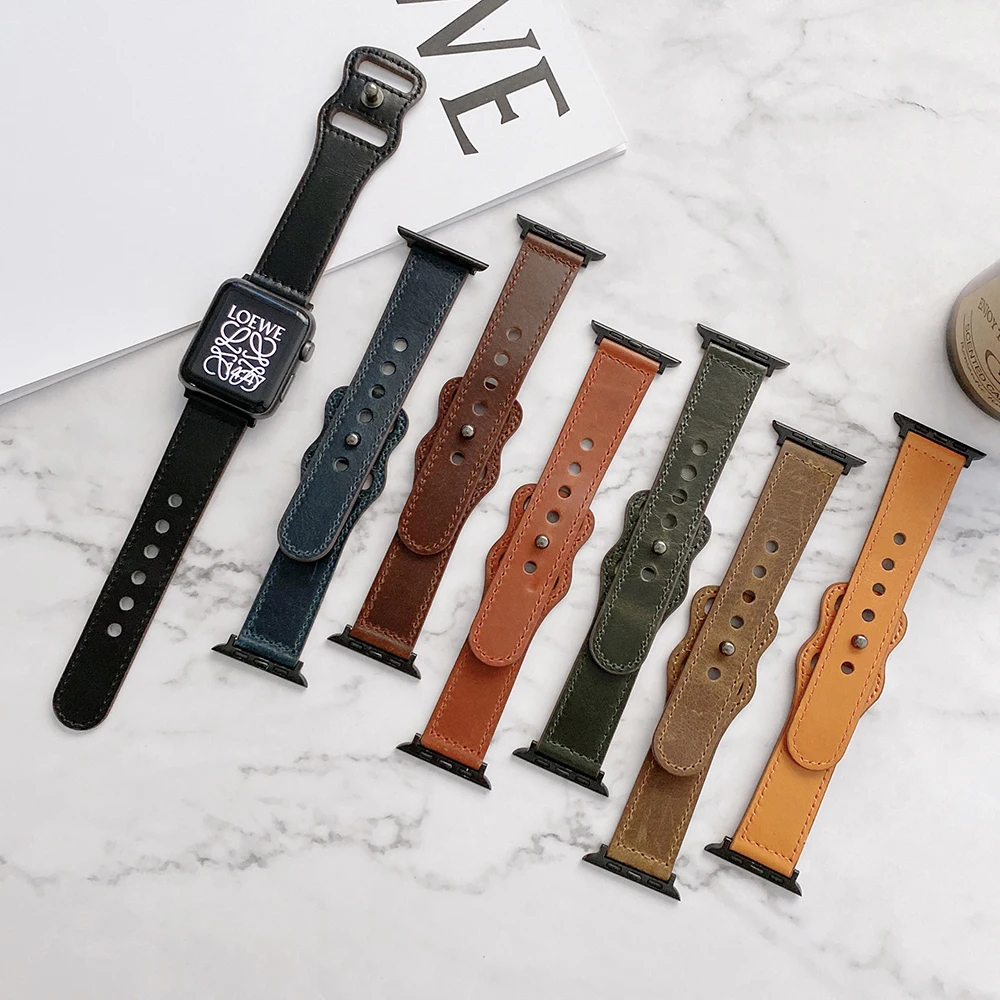 

Vintage Wrist Band Genuine Leather Loop Strap for Apple Watch Band 41mm 45mm 38 40 44 40mm Link Bracelet for iwatch 7 6 se 5 4 3, Black,gold,blue,red