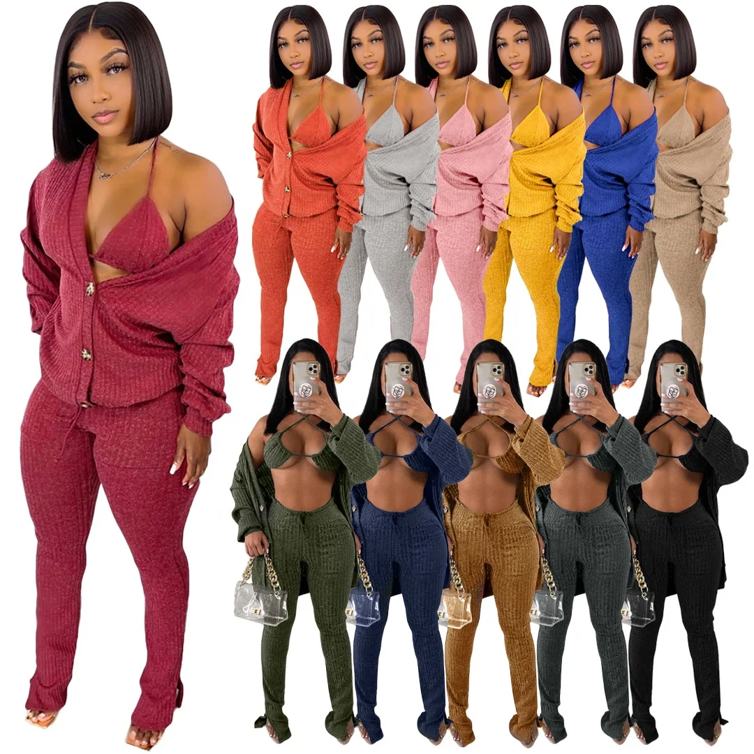 

Winter New Arrivals Solid Knitted Sweater Coat Three Piece Pants Set Women Knitting Bra Pants 3 Piece Sexy Outfits