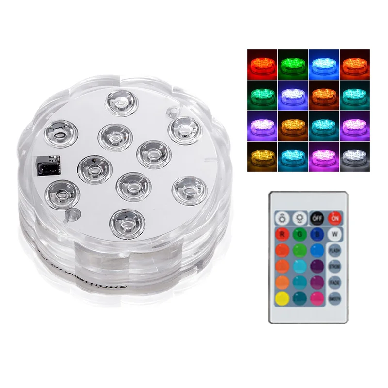 

10 Led Remote Control RGB Waterproof Light Battery Operated Underwater Night Light Outdoor Vase Bowl Garden Party Decor Lamp, Transparency