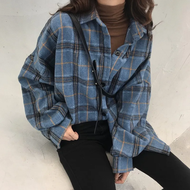 

Korean Style Oversized Plaid Shirts Blouse Women Autumn Cotton Long Sleeve Plus Size 2021 Button Up Shirt, Khaki,blue