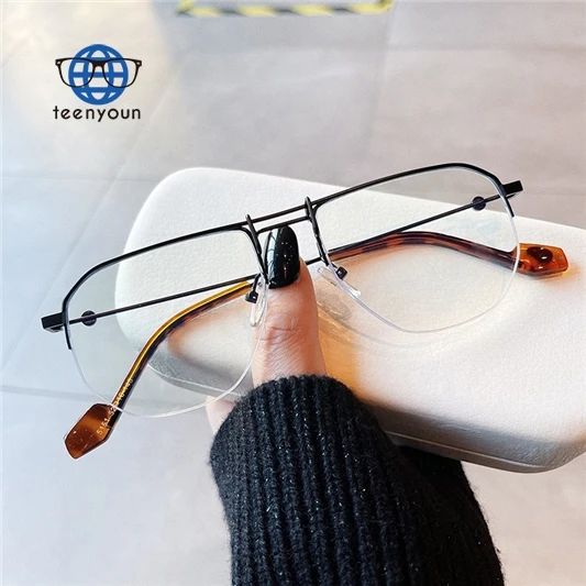 

Teenyoun Eyewear Trending Double Bridge Oversized Lens Eyeglasses Korean Style Semi Rimless Uv400 Eye Glasses