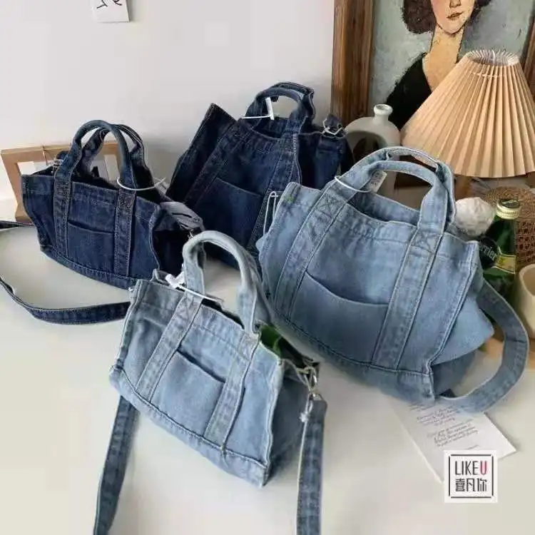 

JANHE bolsa de mezclilla sac a main femme chic casual shoulder messenger bag canvas tote denim jean bag Purse And Handbags, 2 colours