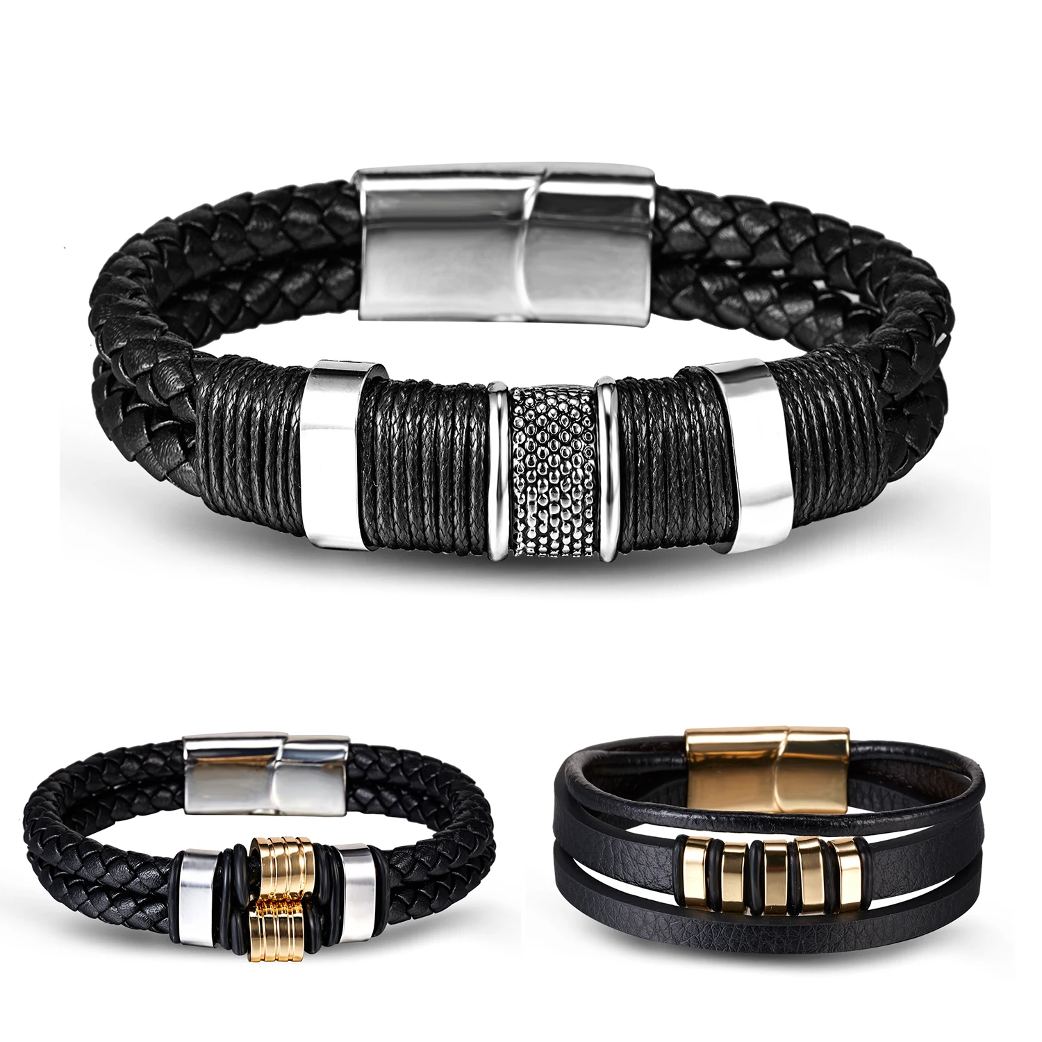 

Vintage Men's Bracelet Multi-layer Leather Woven Business Alloy Magnetic Bracelet, Gold silver black