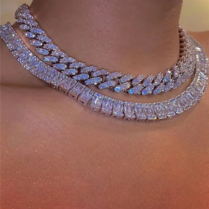 

POP jewelry Hiphop Punk Fashionable Cuban Link Chain Iced Out Bling Bling Micro-set Diamond Rhinestone Necklace, Picture shows