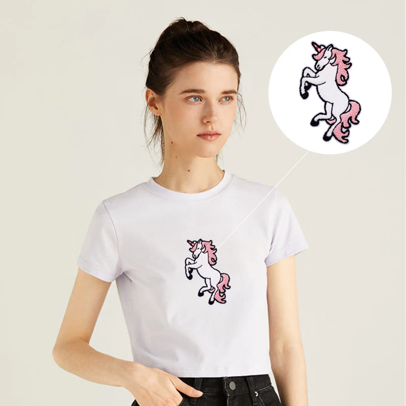 

Iron on clothing patch applique pink white unicorn cartoon pattern diy knitting embroidery kit chenille patches, Custom color