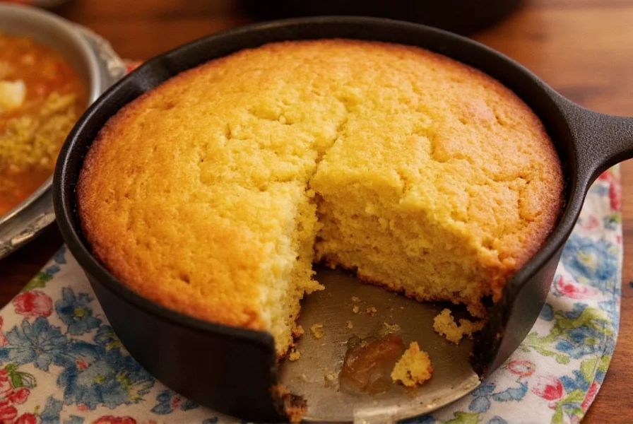 Cast iron skillet cornbread with crispy golden edges served alongside steaming bowl of chili