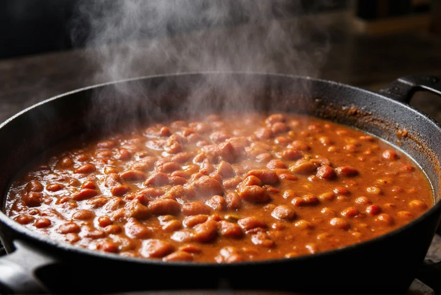Authentic Boilermaker chili recipe in a Dutch oven with steam rising, showing rich reddish-brown color and visible beans