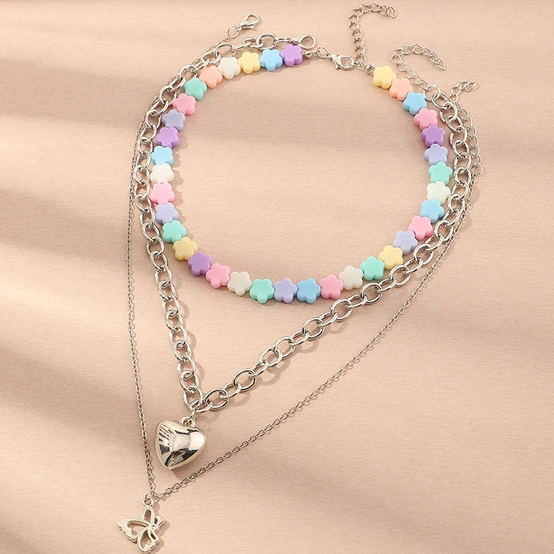 

3 Pieces/Set Flower Jewelry Set Cartoon Butterfly Heart Pendant Necklace