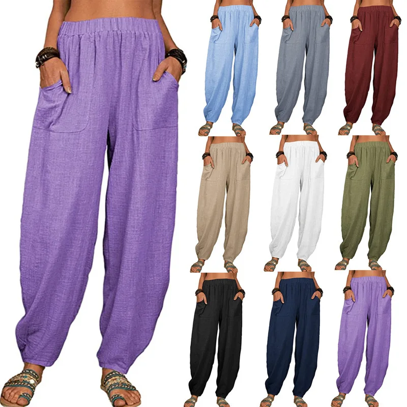 

Trending Summer Women's Solid Color Loose Cotton Hemp Casual Pants Home Harlan Jogging Pants