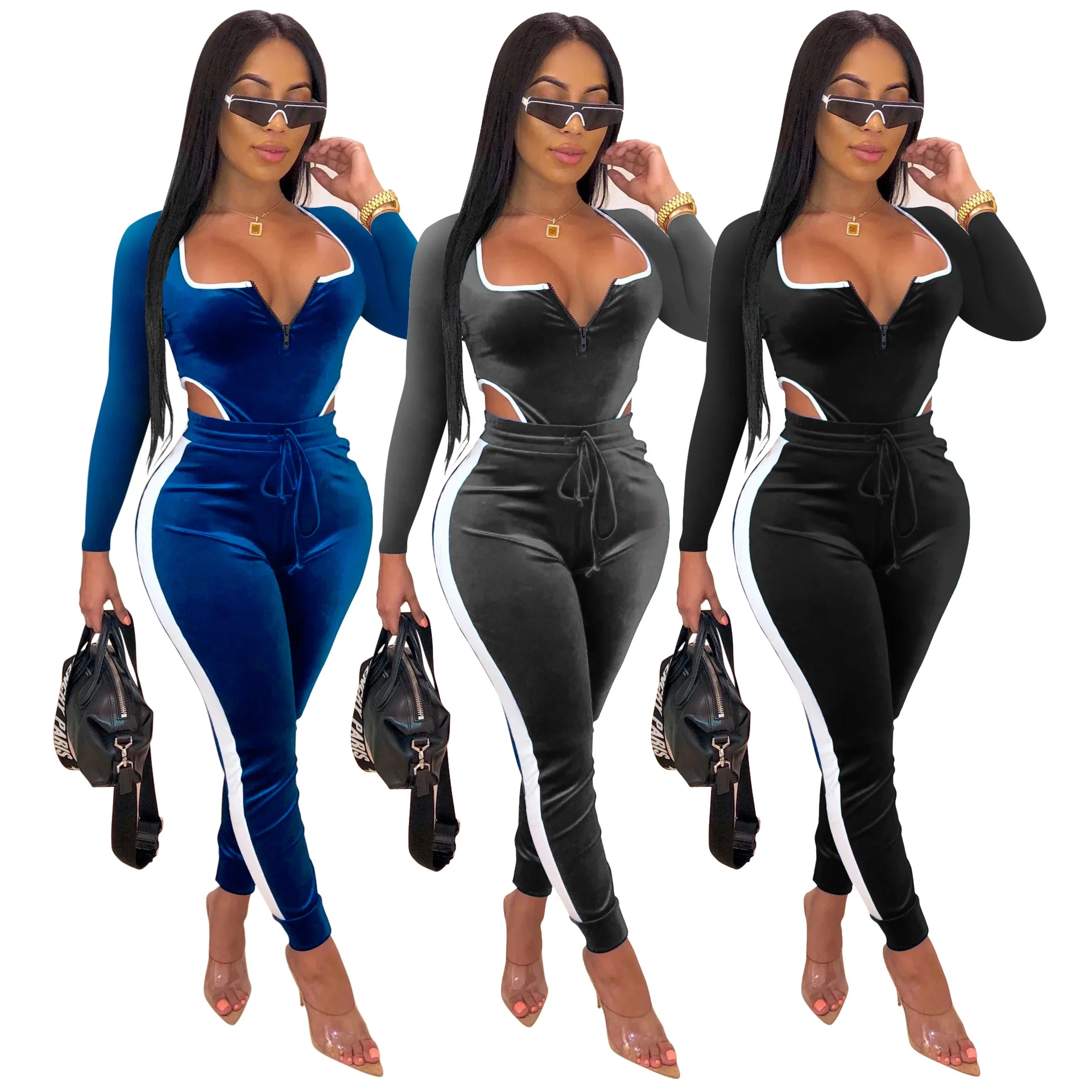 

2020 Woman 2 Piece Set Clothing Velvet Jumpsuits Clubwear Party Pants Sets Two Piece Set Clothing