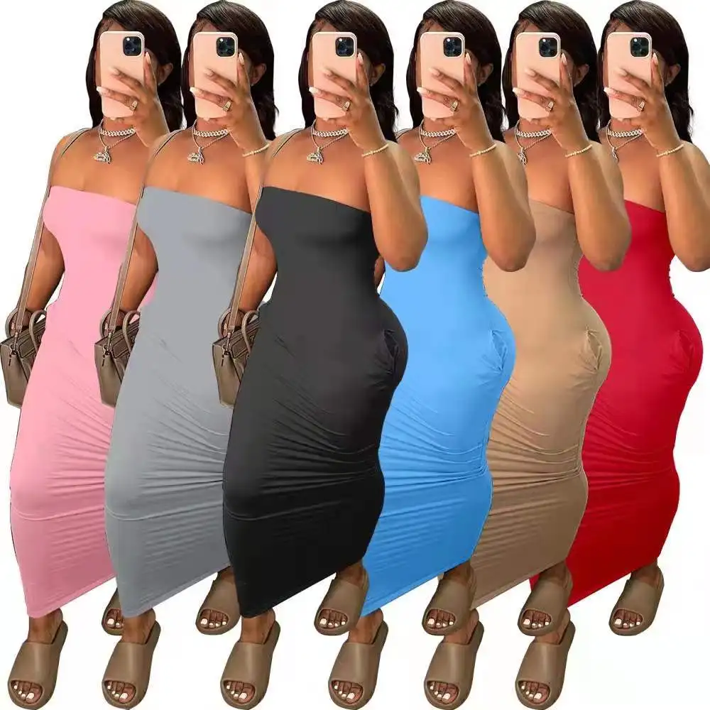 

J&H fashion 2021 super soft plus size tube dress women solid color sexy bodycon midi dresses with pocket casual style streetwear, 6 colors as picture