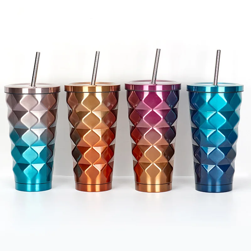 

Amazon top sell 304 stainless steel diamond ice cup fashion gradient color pineapple coffee cup portable straw cup custom