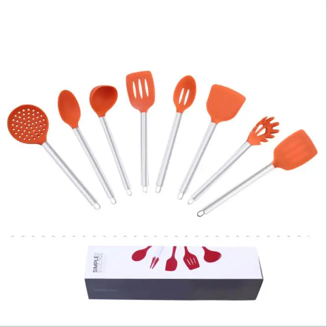 

Mingge kitchen Accessories utensils utensilios Hot Stainless Steel Hand red Black Silicone 8 Pcs Utensils