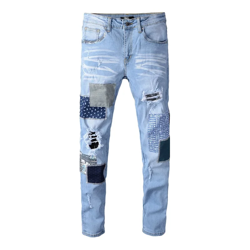 

Fashion Patched Zipper Ripped Denim Jeans For Men